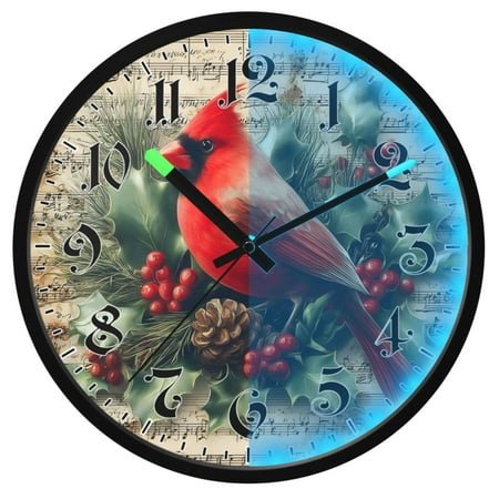 Ryvnso Cardinal Retro Holly Musical 12 Inch Night Light Wall Clock Luminous Silent Battery Operate Clocks