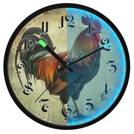 Ryvnso Farmhouse Rooster 12 Inch Night Light Wall Clock Luminous Silent Battery Operate Clocks