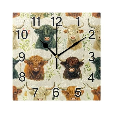 Ryvnso Highland Cattles Wall Clock Square Silent Non-Ticking Battery Operated 7.78