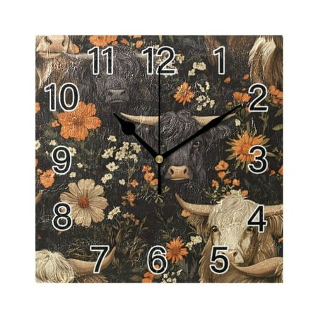 Ryvnso Highland Cows Flower Wall Clock Square Silent Non-Ticking Battery Operated 7.78