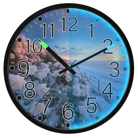 Ryvnso Rose Flowers on Snow 12 Inch Night Light Wall Clock Silent Battery Operated Luminous Clocks
