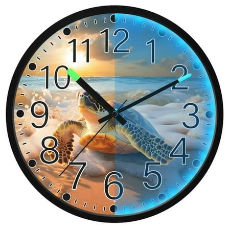 Ryvnso Turtle on Sunset Beach 12 Inch Night Light Wall Clock Silent Battery Operated Luminous Clocks