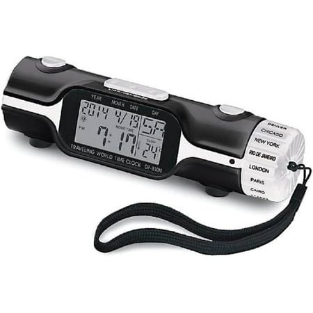 SAGEFINDS World Time Alarm Clock | Calendar, Thermometer, Alarm, Timer, Flashlight | 16 Pre-Set Time Zones | Lightweight & Portable for Travel | Bright LED Display - Black