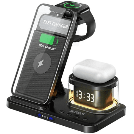 Saluqifa 5 in 1 Wireless Charger with Clock Night Light Alarm Clock for Apple Devices for iPhone 15 14 13 12 11 Pro Max Apple Watch AirPods Series for Apple Watch for Airpods - Black