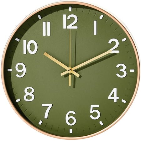 Sanmadrola Wall Clocks Battery Operated,12 inch Silent Non Ticking Modern Wall Clock for Living Room Bedroom Kitchen Office Classroom Decor Glass Front Olive Green with Gold Frame