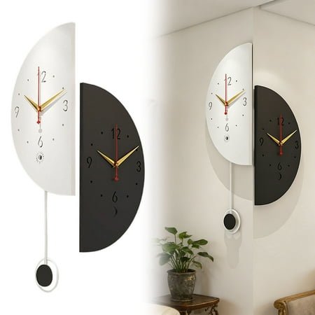 Semicircular Corner Wall Clock Double Sided with Pendulum Decorative Wall Clock Battery Operated for Living Room Bedroom Kitchen Office Black&White