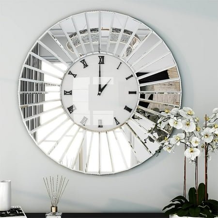 SHYFOY Mirror Glass Wall Clock - 32in Round Silver Glass Finish Decorative Wall Clock for Living Room Office Home Decor