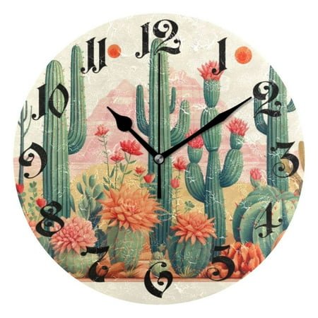 Silent Wall Clock Cactus Flowers 10 Non-Ticking Battery Clock Rustic Retro Home Decorative for Living Room Kitchen Bathroom