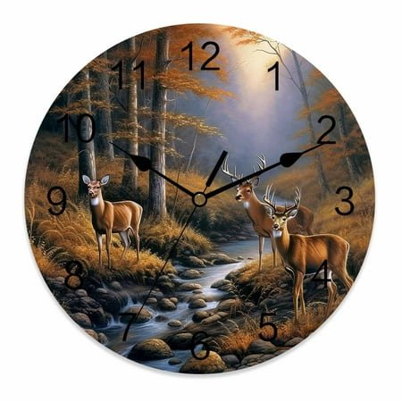 Silent Wall Clocks Battery Operated, Fall Forest Rustic Deer Round Decorative Wall Clock for Living Room Bedroom Kitchen Bathroom Classroom Decor, 12 Inch Nature Creeks Rock