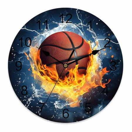 Silent Wall Clocks Battery Operated, Fire and Ice Basketball Sports Round Decorative Wall Clock for Living Room Bedroom Kitchen Bathroom Classroom Decor, 10 Inch Blue