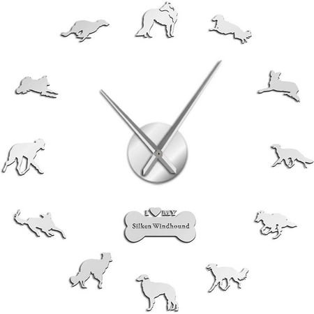 Silken Windhound Dog Silouette Frameless Wall Clock Stickers, DIY Modern Decorative Clocks for Living Room, Bedroom, Office - Easy to Install, Large 3D Clock Design (Silver,47in)