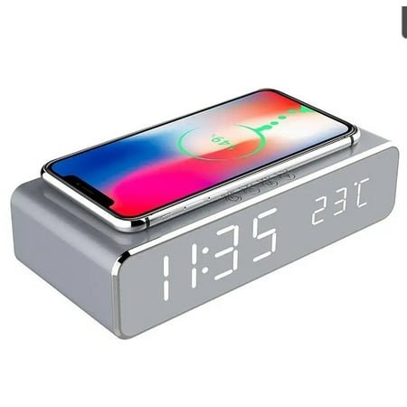 Silver Wireless Phone Charger USB Digital Desk Alarm Clock With Thermometer