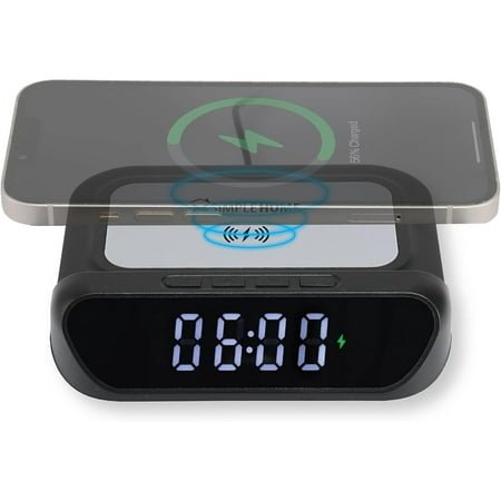 Simple Home Digital Alarm Clock with Wireless Charging Station, 15W Wireless Charger, Black
