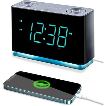 Smartset Alarm Clock Radio with Bluetooth Speaker with USB Port for iPhone/iPad/iPod/Android and Tablets, 1.4 Cyan LED Display and Night Light, ER100301