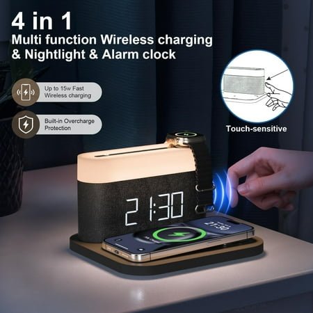 SonicNest Alarm Clocks/Night Light with Mobile Phone/Apple Watch Wireless Charging 15W Max Touch Lamp,3 Colors nightlight, Sleep Timer for Bedroom/Bedside/Desk