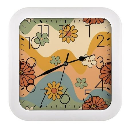 Square Clock 10.2in Easy To Hang Sweep Second Sound Light For Office Bedroom Living Room Classroom Dining Room Hanging 70s Themed Groovy Waves Floral Pattern
