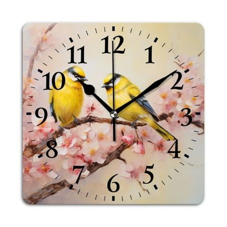 Square Wall Clock,Yellow Birds Perched On Cherry Blossoms,Silent Non-Ticking Wall Clock Decor for Home Office Kitchen Living Room Bedroom(10inch)