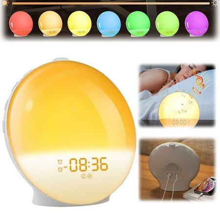 SSunrise Alarm Clock for Heavy Sleepers Wake Up Light Simulating Sunrise/sunset Alarm Clock and Natural Sound Nap and Sleep Assistance FM Radio 7 Color Night Light In The