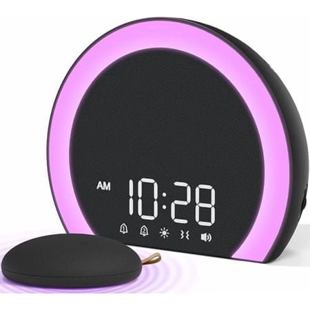 Super Loud Alarm Clock with Wireless Bed Shaker, Vibrating Dual Alarm with Light Wake Up for Heavy Sleepers & Hearing Impaired, 9-Color Night Light, 5 Sounds, 0-100% Dimmer, USB Charger
