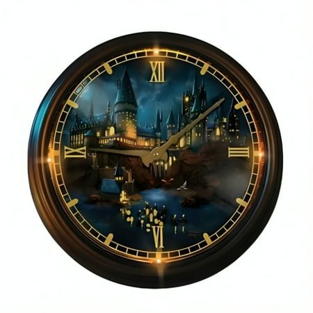 The Bradford Exchange Harry Potter™ Hogwarts Castle Illuminated Wall Clock Studios Atomic Radio-Controlled Clock with LED Lights, Weather-Resistant Metal Frame by Thomas Kinkade 14-inches