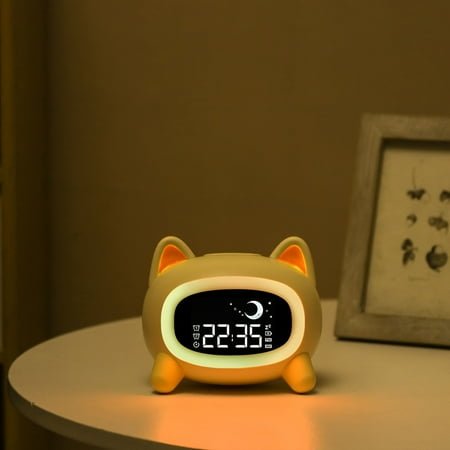 This yellow cartoon animal digital alarm clock features a built-in lithium battery, USB charging, wake-up function, multi-color night light, and white noise soothing melody, making it an ideal gift f