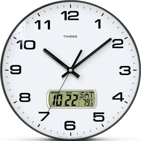 TIMESS 12 Analog Wall Clock with Date Display, Battery Operated Modern Clock for Living Room (Black)
