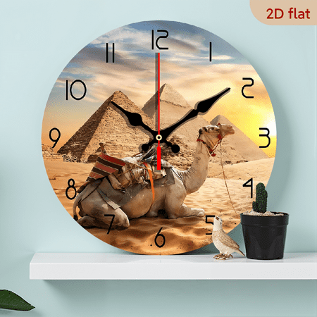 Tllo0ord 2D Flat 1pc 10Inch Wooden Sahara Animals Sunset Desert Camel Silent Wall Clock Egypt Pyramids Egyptian Architecture Home Decor Quiet Watch Africa Travel Gift