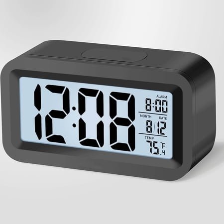 Travel Digital Alarm Clock with Backlight, Indoor Temperature, Snooze, 12/24H Display (Black)