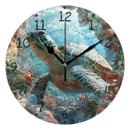 Turtle Swimming Through Coral Round Wall Clock Silent Analog Battery Operated Black Pointer Home Decor 9.84 Diameter
