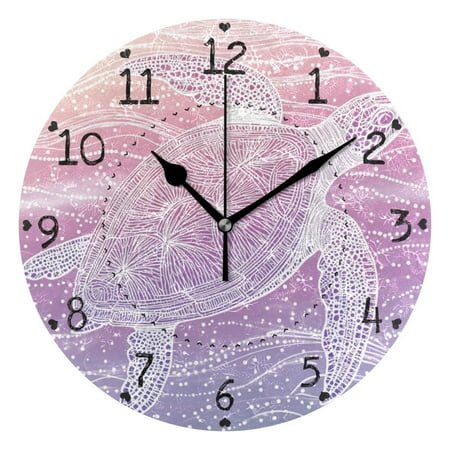 Turtle Swims in Dreamy Ocean Round Wall Clock Silent Analog Battery Operated Black Pointer Home Decor 9.84 Diameter