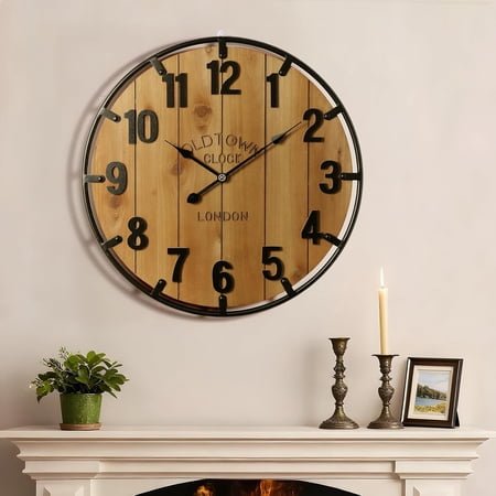 Vantic Farmhouse 24 Inch Extra Large Decorative Wall Clock with Metal Circle, Oversized Wood Wall Clock with Large Roman Numeral for Living Room, Bedrooms and Offices, Silent and Battery Operated