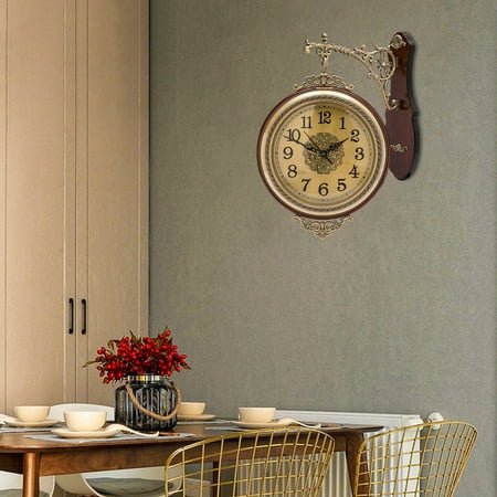 Vintage Double-Sided Wall Clock with Silent Movement, 12-inch, Rotatable, Wood & Alloy, Easy Installation, Indoor Use