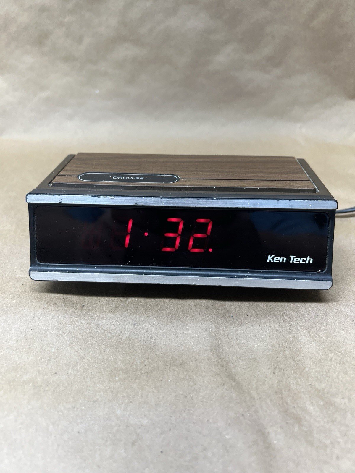 Vintage Ken-Tech Digital Alarm Clock, Model T-2096C, Wood Grain