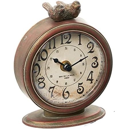 Vintage Pewter Mantel Clock with Birds, Distressed Brown