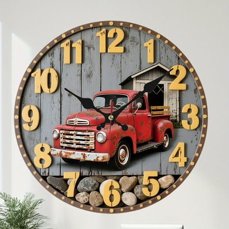 Vintage Red Pickup Truck Wall Clock Decorative Art 10-Inch Wooden Wall Clock, Silent Movement, Battery Operated (AA Batteries Not Included), Artistic Home Decor, Perfect for Home Accents