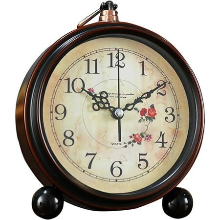 Vintage Table Alarm Clock - Silent Non-Ticking Quartz Movement with HD Glass, Retro Decor for Bedroom & Living Room (Floral Design)