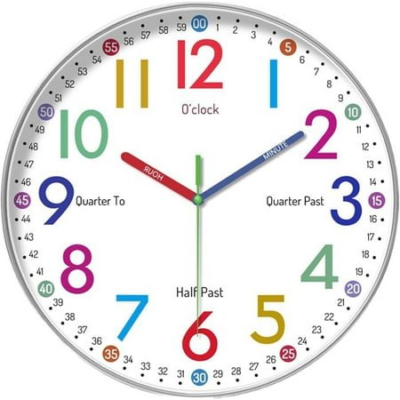 VOCOO 10 inch Wall Clock for Kids Learning Easily Teaching Clocks Silent Non Ticking Battery Operated Colorful Teaching Decorative for Kids Room Classroom School