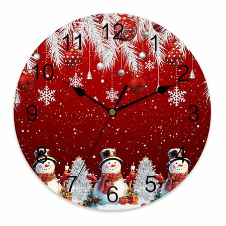 Wall Clock 10 Inch Red Christmas Round Silent Decorative Wall Clocks Battery Operated for Living Room Bedroom Kitchen Classroom Decor, Snowman Xmas Balls Snowflakes Pine Branch,Small