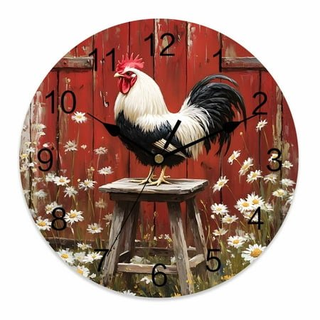 Wall Clock 10 Inch Vintage Farmhouse Round Silent Decorative Wall Clocks Battery Operated for Living Room Bedroom Kitchen Classroom Decor, Rooster Red Barn Daisies Red,Small