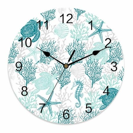 Wall Clock 12 Inch Turquoise Grey Coastal Beach Round Silent Decorative Wall Clocks Battery Operated for Living Room Bedroom Kitchen Classroom Decor, Ocean Animals Pattern,Large
