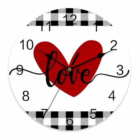 Wall Clock 12 Inch Valentines Day Farmhouse Decor Round Silent Decorative Wall Clocks Battery Operated for Living Room Bedroom Kitchen Classroom Decor, Red Hearts Love Letter Buffalo Plaid,Large