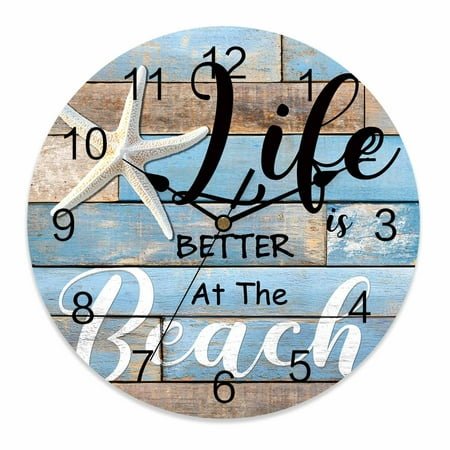 Wall Clock 14 Inch Blue Coastal Nautical Round Silent Decorative Wall Clocks Battery Operated for Living Room Bedroom Kitchen Classroom Decor, Life Is Better at The Beach Farmhouse,Large