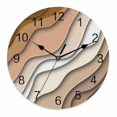 Wall Clock 14 Inch Brown Beach Coastal Round Silent Decorative Wall Clocks Battery Operated for Living Room Bedroom Kitchen Classroom Decor, Abstract Geometric Ocean Waves,Large