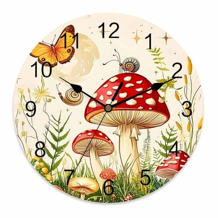 Wall Clock 14 Inch Tropical Country Round Silent Decorative Wall Clocks Battery Operated for Living Room Bedroom Kitchen Classroom Decor, Mushroom Butterfly Snails Red Green,Large