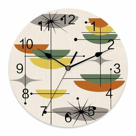 Wall Clock Boho Mid Century Clocks PVC Silent Non-Ticking Battery Operated Decorative Sage Green Yellow Geometric Abstract Round Clock for Home Living Room Kitchen Bedroom Office Wall Decor 14 Inch