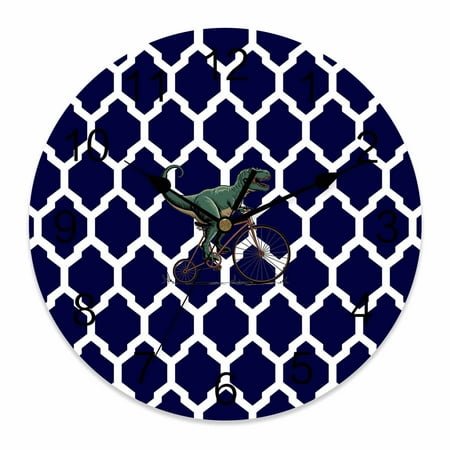 Wall Clock Cartoon Dinosaur Ride Bike Clocks PVC Silent Non-Ticking Battery Operated Decorative Navy Blue Geometric Moroccan Round Clock for Home Living Room Kitchen Bedroom Wall Decor 10 Inch