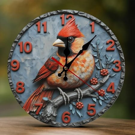 Wall Clock Decorative - Red Cardinal Bird Print 2D Vintage Wall Clocks Battery Operated Silent Non-Ticking for Bedroom, Living Room, Kitchen, Office, Classroom, 10 Inch