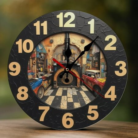 Wall Clock Decorative - Retro Colorful Garage Print 2D Vintage Wall Clocks Battery Operated Silent Non-Ticking for Bedroom, Living Room, Kitchen, Office, Classroom, 10 Inch