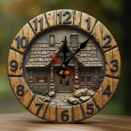 Wall Clock Decorative - Rustic Brown Cottage-A Print 2D Vintage Wall Clocks Battery Operated Silent Non-Ticking for Bedroom, Living Room, Kitchen, Office, Classroom, 10 Inch