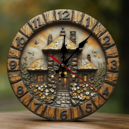 Wall Clock Decorative - Rustic Brown Cottage-C Print 2D Vintage Wall Clocks Battery Operated Silent Non-Ticking for Bedroom, Living Room, Kitchen, Office, Classroom, 10 Inch